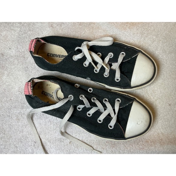 Converse Other - Converse All Star Low Top Black Canvas Sneakers Youth Size 2 Pink Heel Accent